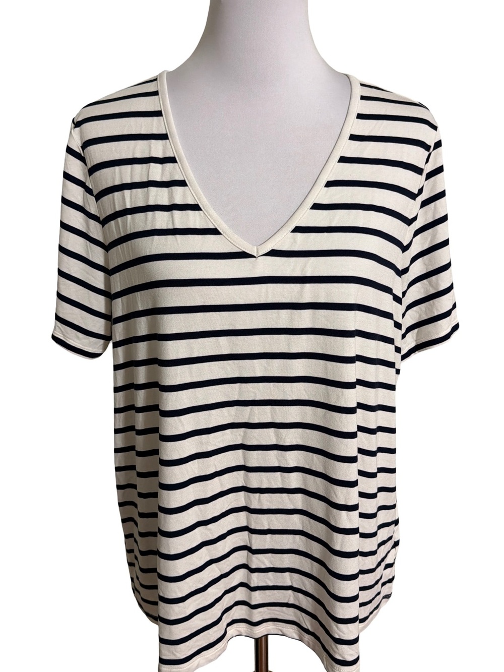 Old Navy Cream Black Striped V-Neck Tee